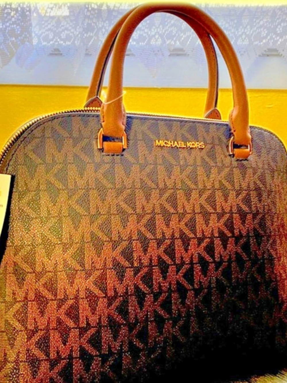 Michael Kors Cindy Large Dome Satchel Monogram Satchel in Brown & Black NWT